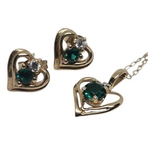 10K Yellow Gold Emerald Diamond Accent Hearts Jewelry Set Earrings Pendant Neckl